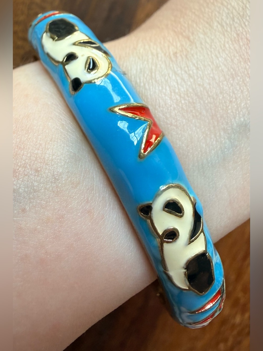 VTG Blue Enamel Panda Bangle Hinge Bracelet with Red Accent Whimsical